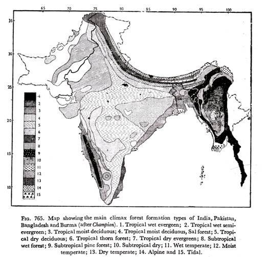 Map showing the main climax forest formation types in India, Pakistan, Bangladesh and Burma