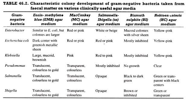 Characteristics colony development of gram negative bacteria taken from faecal matter on various clinically useful agar media