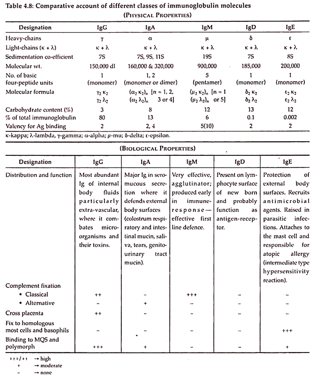 Comparative Account of Different Classes of Immunoglobulin Molecules